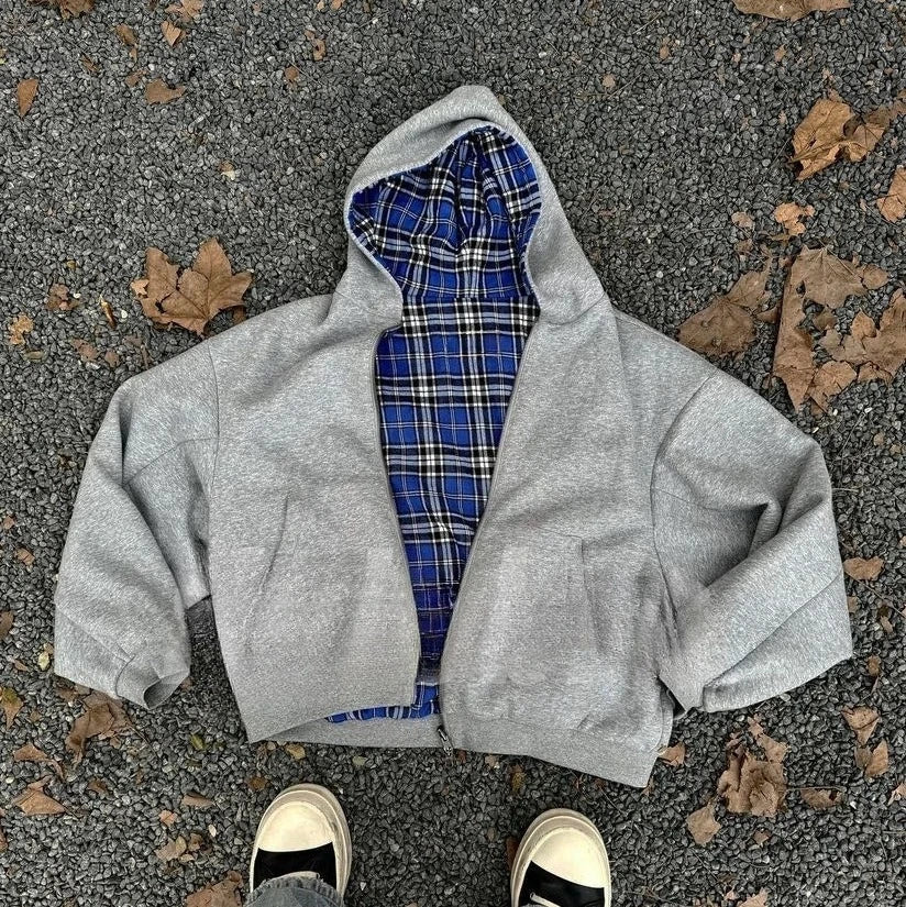 Gray hooded zip-up jacket with blue and white plaid lining for gothic couple casual and hoodie men y2k street wear
