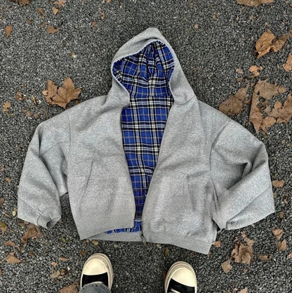 Gray hooded zip-up jacket with blue and white plaid lining for gothic couple casual and hoodie men y2k street wear
