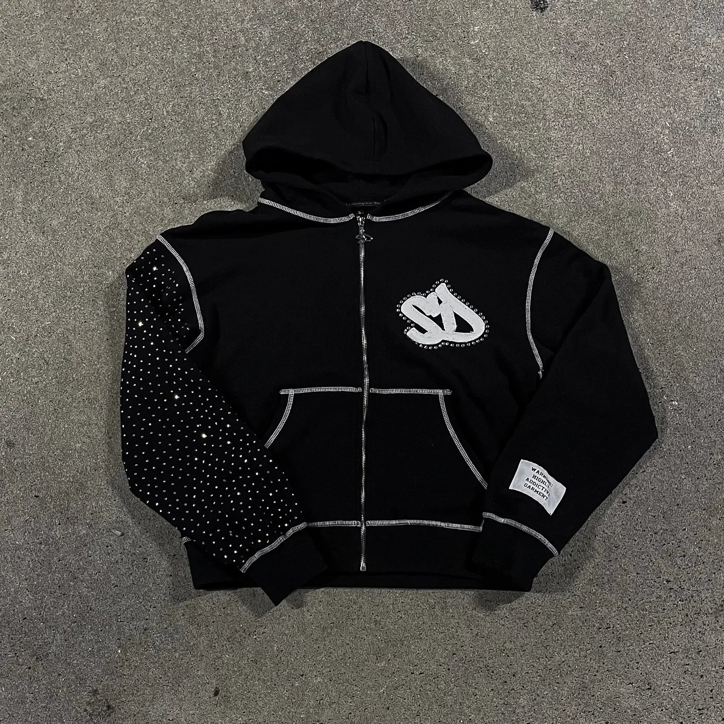 Black zip-up hoodie men y2k with silver rhinestone details and gothic couple casual style for street wear