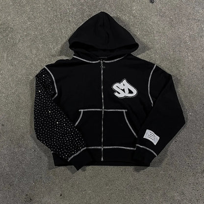 Black zip-up hoodie men y2k with silver rhinestone details and gothic couple casual style for street wear