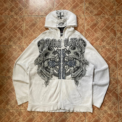 White zip-up hoodie men y2k with black gray skull crossbones and mma elite text for gothic couple casual wear