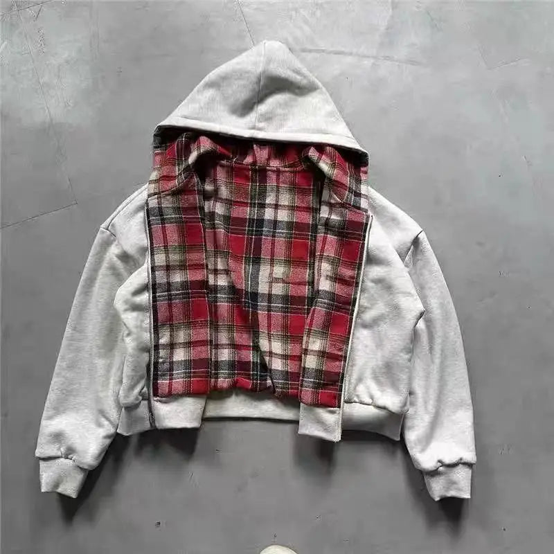 Gray hoodie men y2k with red and black plaid inner lining casual joker sweatshirt gothic couple casual style