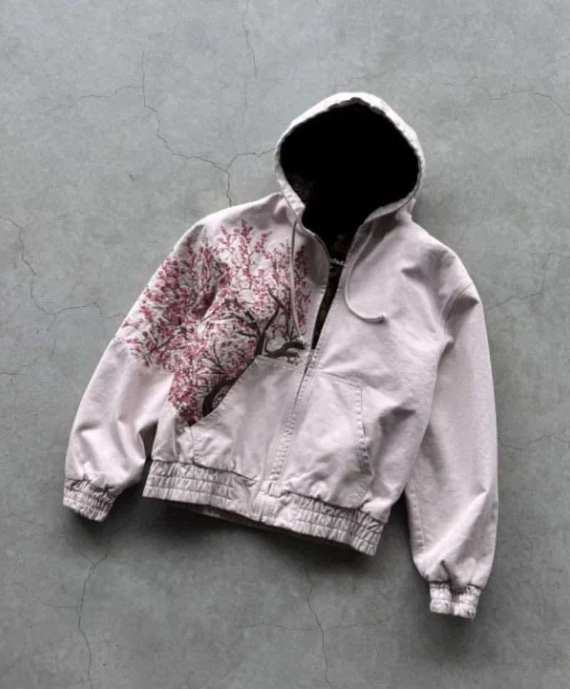A light gray american double sided plaid zip up hoodie men y2k with black lining and red tree embroidery on the sleeve