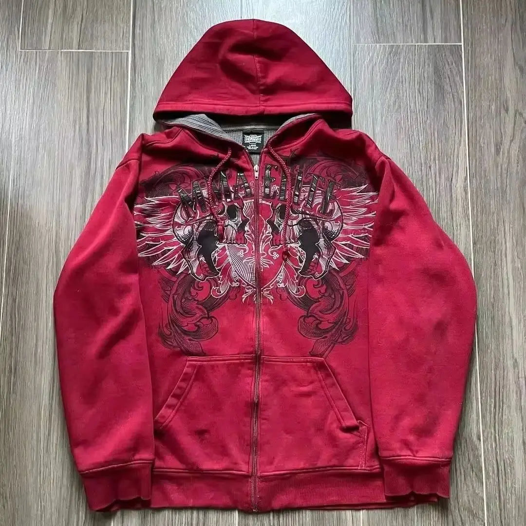 Red zip-up hoodie men y2k with black and white gothic couple casual double skull wings graphic on chest