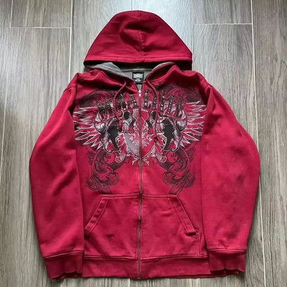 Red zip-up hoodie men y2k with black and white gothic couple casual double skull wings graphic on chest