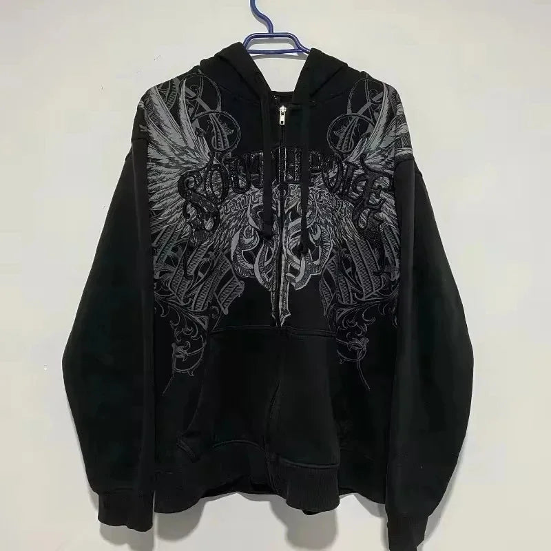 Black zip-up hoodie men y2k with silver wing and dagger embroidery for gothic couple casual or casual joker sweatshirt wear