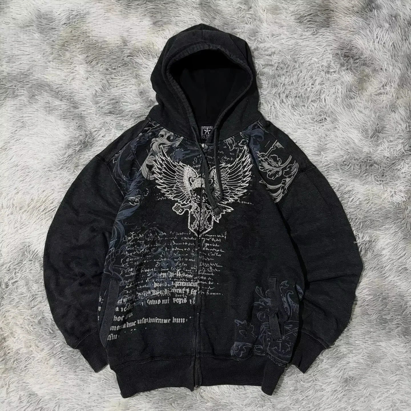 Black zip-up hoodie men y2k with distressed white eagle graphic and vintage text for gothic couple casual wear