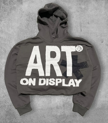 Dark gray cropped hoodie men y2k with bold white art on display lettering and black cross graphic for gothic couple casual wear