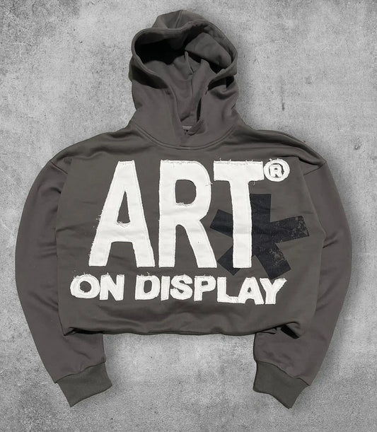 Dark gray cropped hoodie men y2k with bold white art on display lettering and black cross graphic for gothic couple casual wear