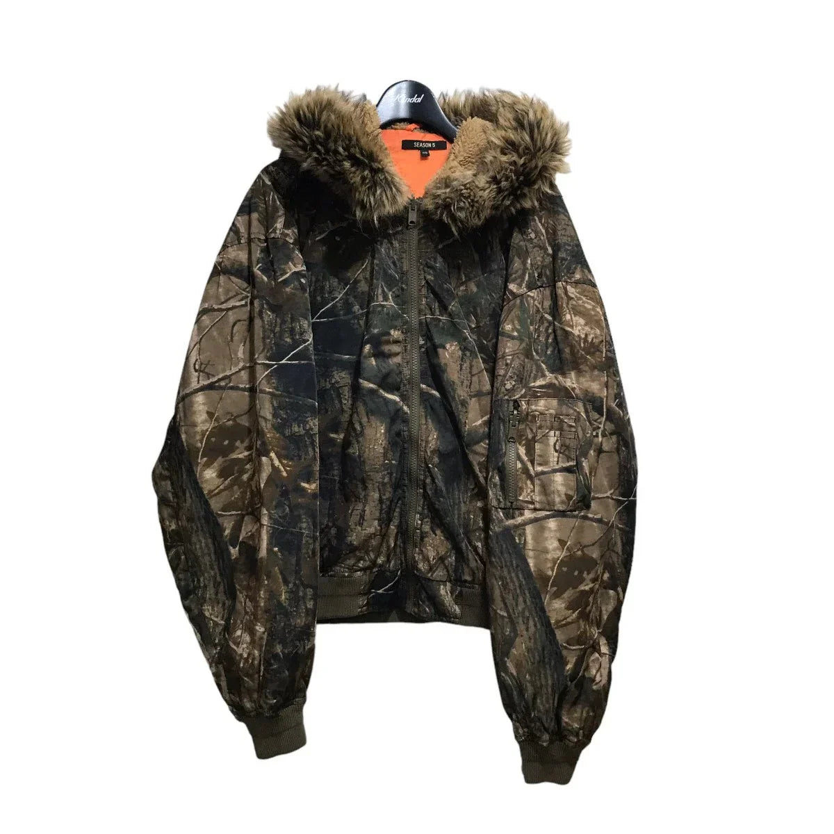 Camouflage bomber jacket with fur-lined hood and orange lining styled for gothic couple casual and hoodie men y2k fashion