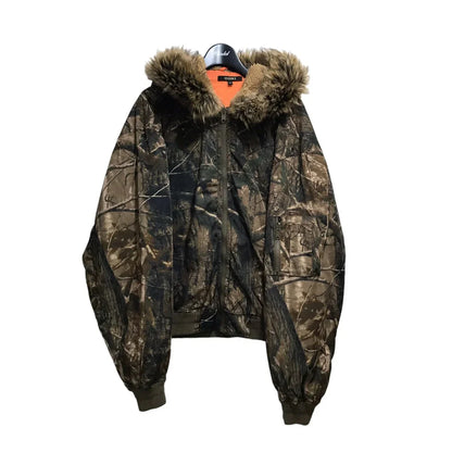 Camouflage bomber jacket with fur-lined hood and orange lining styled for gothic couple casual and hoodie men y2k fashion