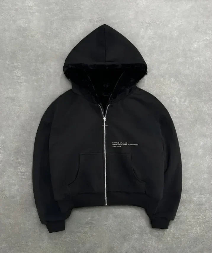 Black zip-up hoodie men y2k with plush fur-lined hood and subtle white text, perfect for gothic couple casual or joker sweatshirt style