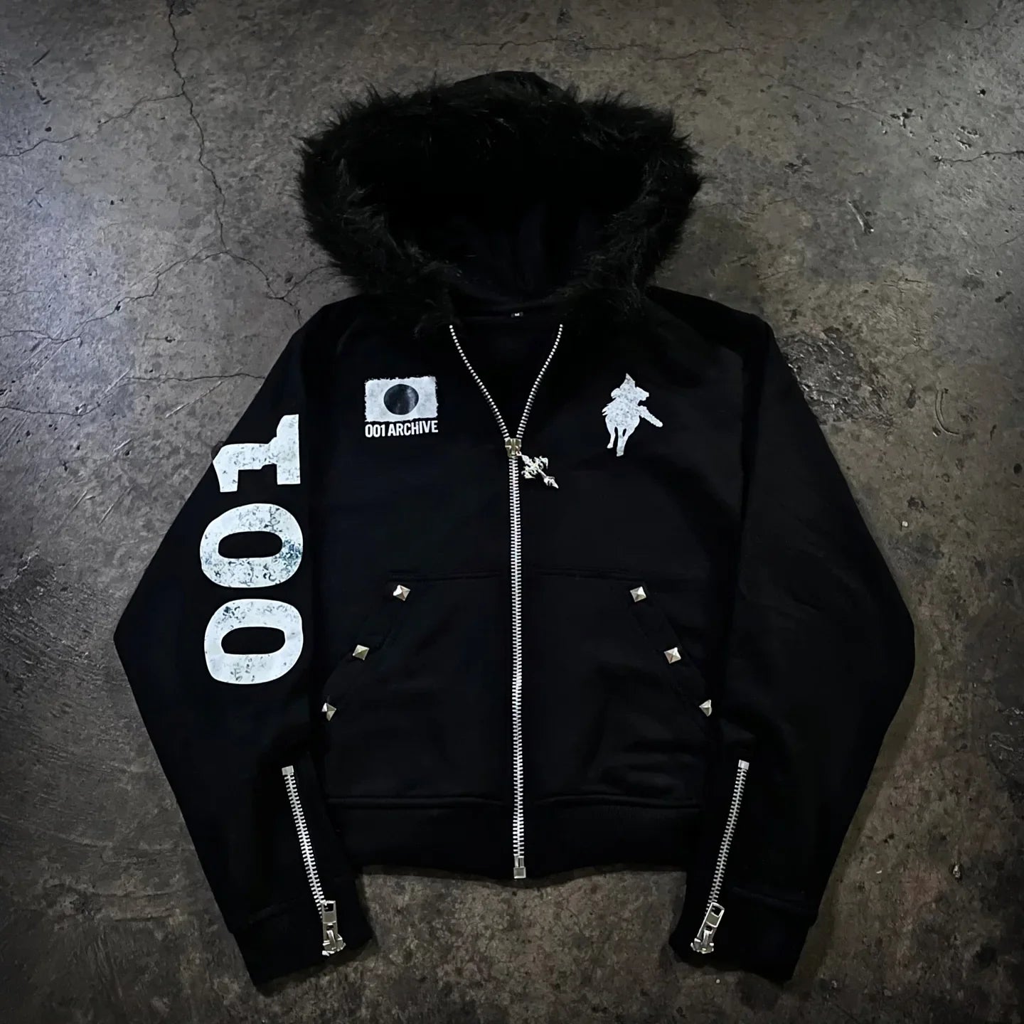 Black hoodie men y2k zip-up with furry hood white 100 graphic sleeve and silver studs gothic couple casual style
