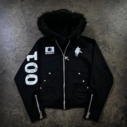 Black hoodie men y2k zip-up with furry hood white 100 graphic sleeve and silver studs gothic couple casual style