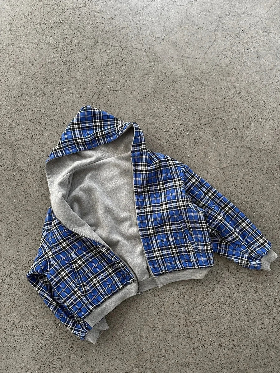 Blue and white plaid hoodie men y2k with gray fleece lining double sided casual joker sweatshirt for gothic couple casual wear