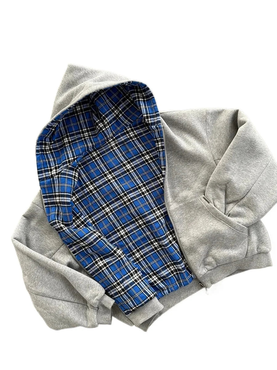 Gray hooded sweatshirt with blue and black plaid lining for hoodie men y2k gothic couple casual joker sweatshirt street wear