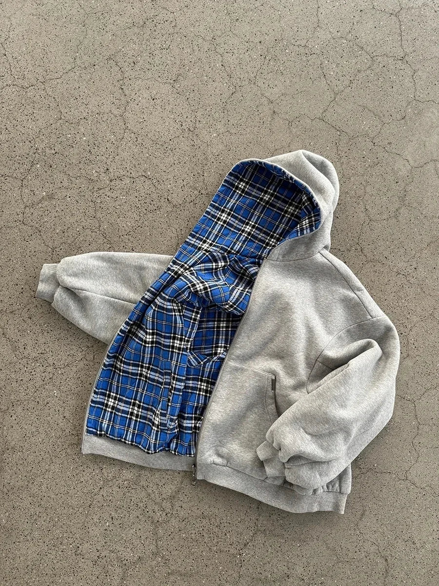 Gray hoodie men y2k with blue and black plaid lining casual joker sweatshirt for gothic couple casual street wear