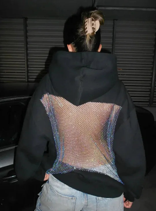 Back view of black American Gothic sexy mesh hoodie y2k with shimmering iridescent translucent panel womens fashion