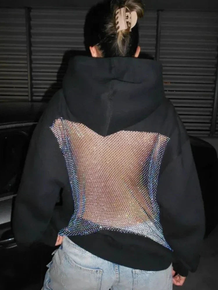 Back view of black american gothic sexy mesh hoodie y2k with a shimmering iridescent translucent panel womens fashion