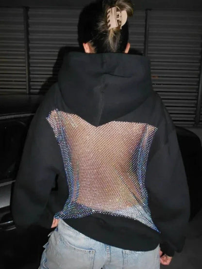 Back view of black american gothic sexy mesh hoodie y2k with a shimmering iridescent translucent panel womens fashion