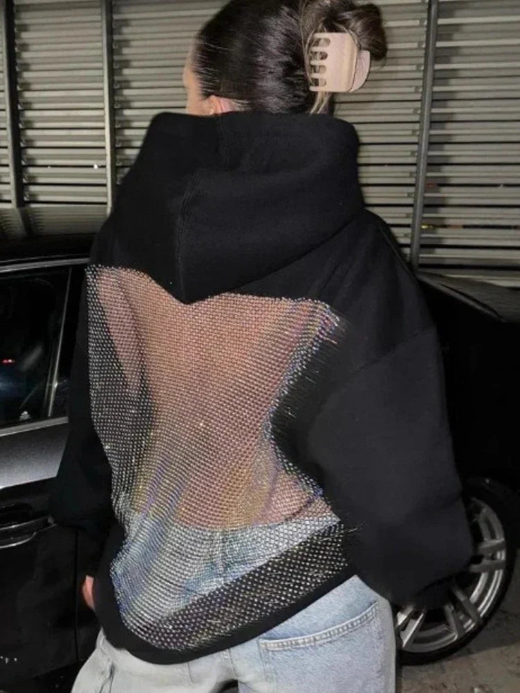 Black american gothic sexy mesh hoodie y2k womens fashion translucent pullover sweatshirt with rhinestone mesh back panel