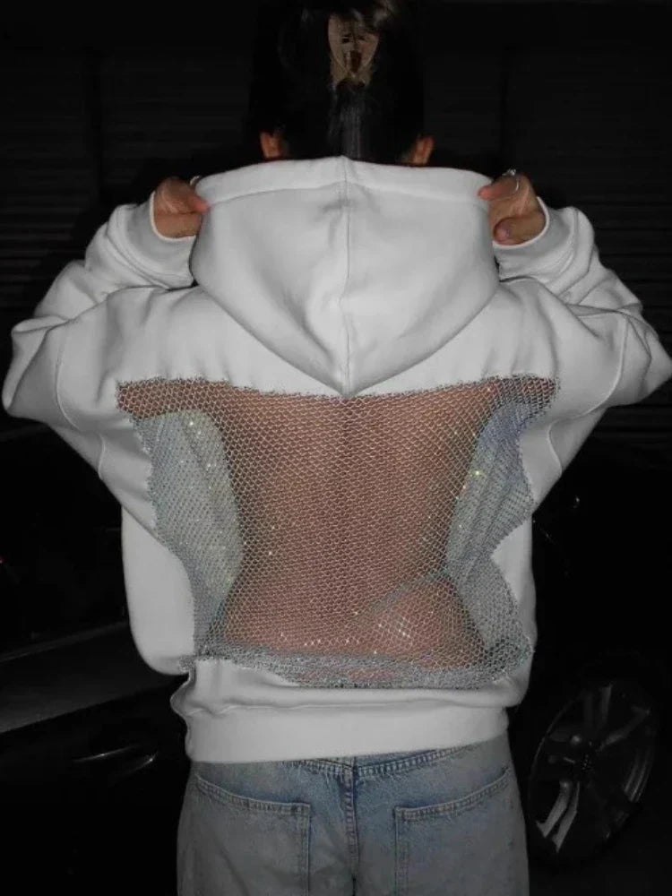 Back view of white american gothic sexy mesh hoodie y2k with sparkling silver translucent mesh panel womens fashion