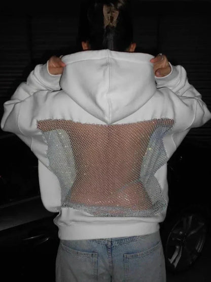 Back view of white american gothic sexy mesh hoodie y2k with sparkling silver translucent mesh panel womens fashion