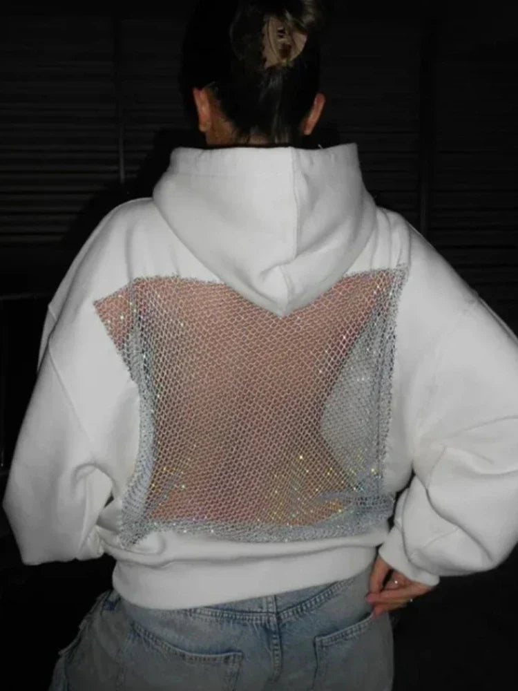 White hoodie with sparkling silver mesh panel on back american gothic sexy mesh hoodie y2k womens fashion translucent