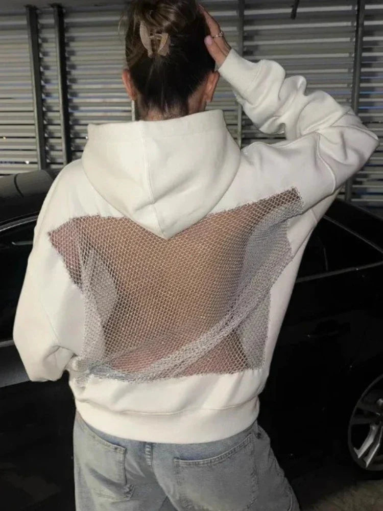 White american gothic sexy mesh hoodie y2k showing the back with a translucent x-shape mesh panel womens fashion translucent
