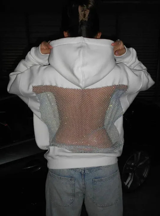 White mesh hoodie y2k with sparkling silver translucent panel on the back in american gothic sexy womens fashion style