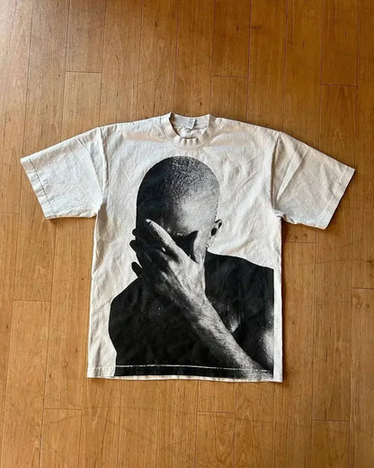 Off-white cotton oversized couples goth t shirt with black and white photographic print for american harajuku high streetwear basketball tops y2k