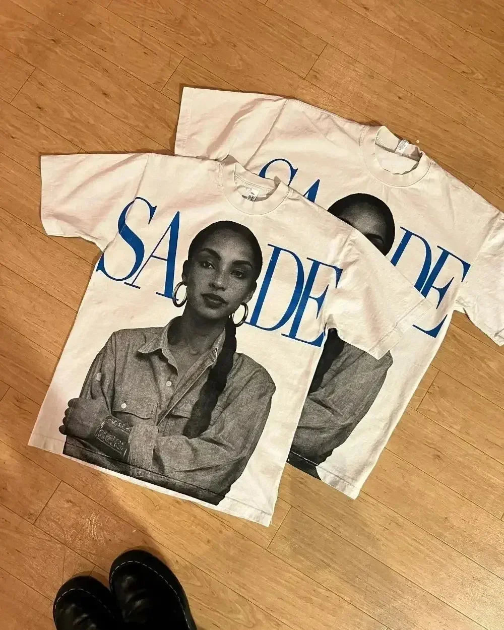 White cotton oversized couples goth basketball tops y2k with black and white sade portrait and blue lettering american harajuku high