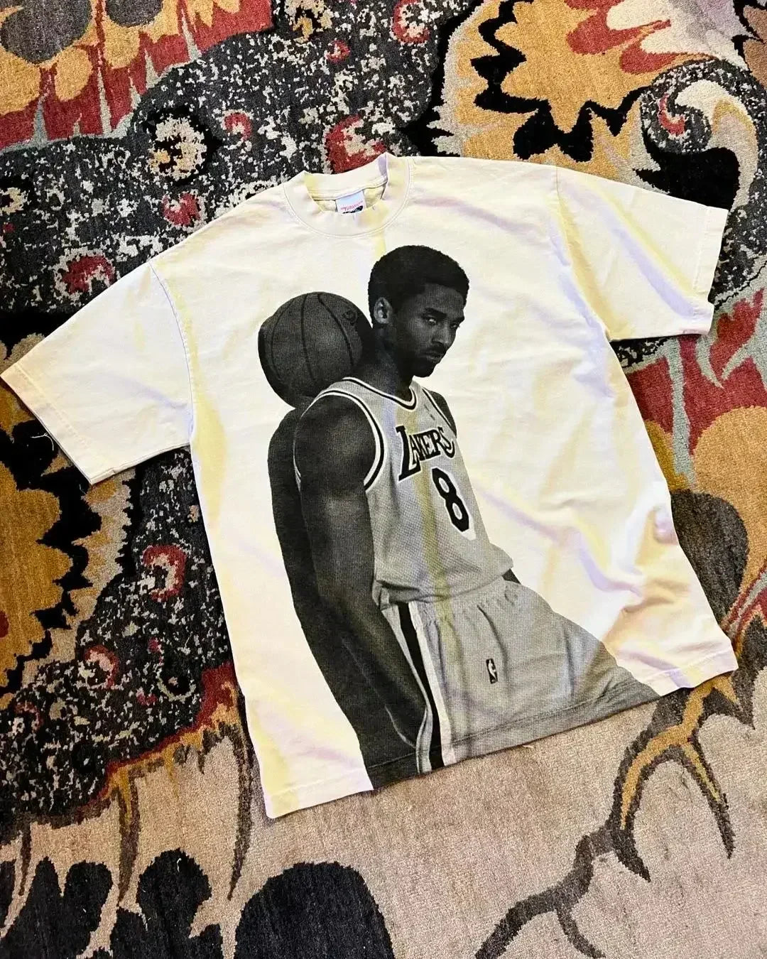 A cream cotton oversized couples goth t shirt featuring a black and white kobe bryant basketball tops y2k graphic