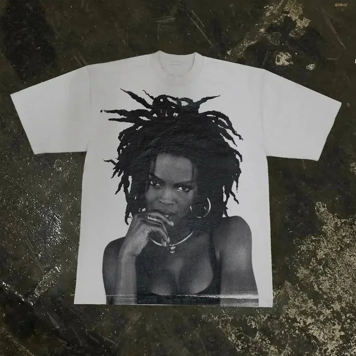 White cotton oversized couples goth t shirt with black and white photo print of woman with dreadlocks american harajuku high basketball tops y2k