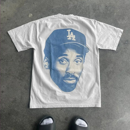 White cotton oversized couples goth t shirt with blue kobe bryant la dodgers cap graphic american harajuku high basketball tops y2k