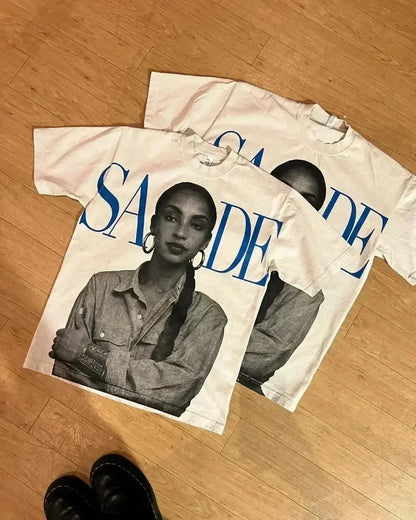White cotton oversized couples goth t shirt with black and white sade portrait and bold blue lettering american harajuku high basketball tops y2k