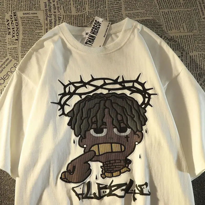 White cotton short sleeve t-shirt with cartoon dreadlocks character wearing crown of thorns for hip hop fashion