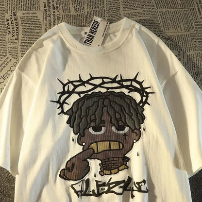 White cotton short sleeve t-shirt with cartoon dreadlocks character wearing crown of thorns for hip hop fashion