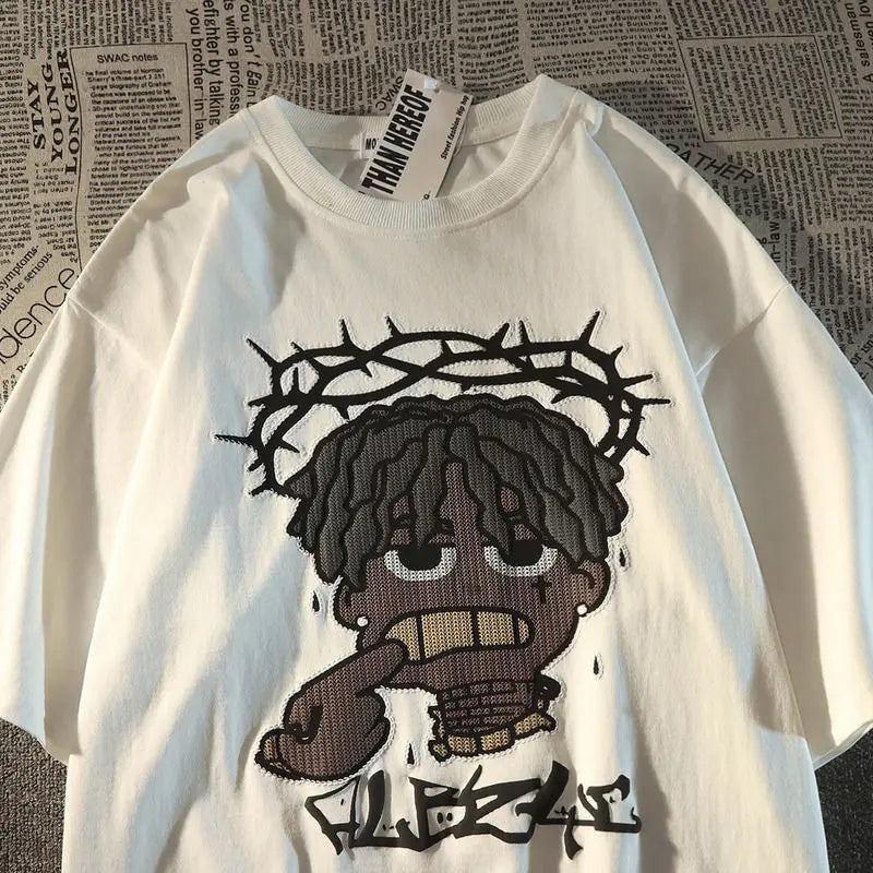 White cotton American hip hop fashion t-shirt with cartoon crowned character graphic for men summer wear