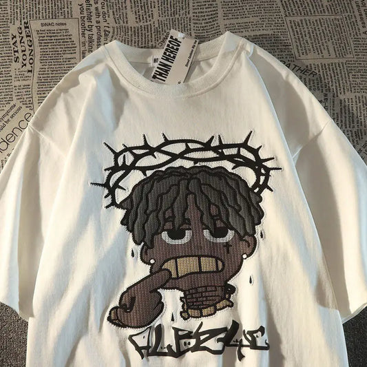White cotton American hip hop fashion t-shirt with cartoon crowned character graphic for men summer wear