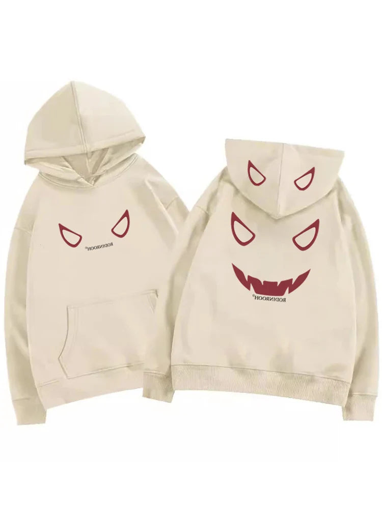 Cream-colored american hip hop fleece y2k streetwear hoodie with bold red devil graphic and embroidered roblox branding