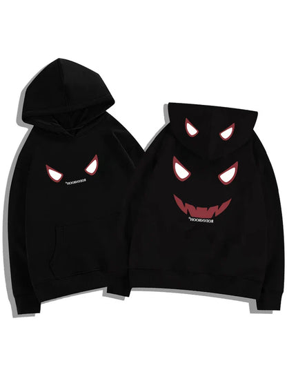 Black fleece y2k streetwear hoodie featuring a devil graphic with glowing red eyes and jagged teeth for american hip hop style