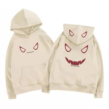 Cream-colored fleece y2k streetwear hoodie featuring a playful red devil graphic with stitched eyes and hooray print