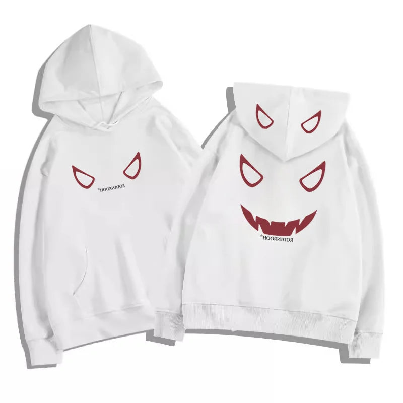 White fleece y2k streetwear hoodie with red devil graphic hoodies print on front and back in american hip hop style