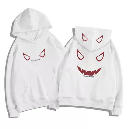 White fleece y2k streetwear hoodie with red devil graphic hoodies print on front and back in american hip hop style