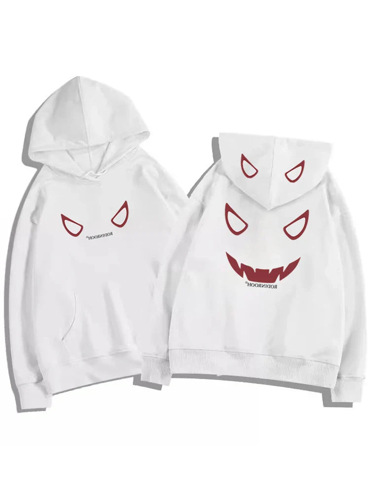 White fleece y2k streetwear hoodie with red devil graphic cartoon face and boom boom text for american hip hop fashion