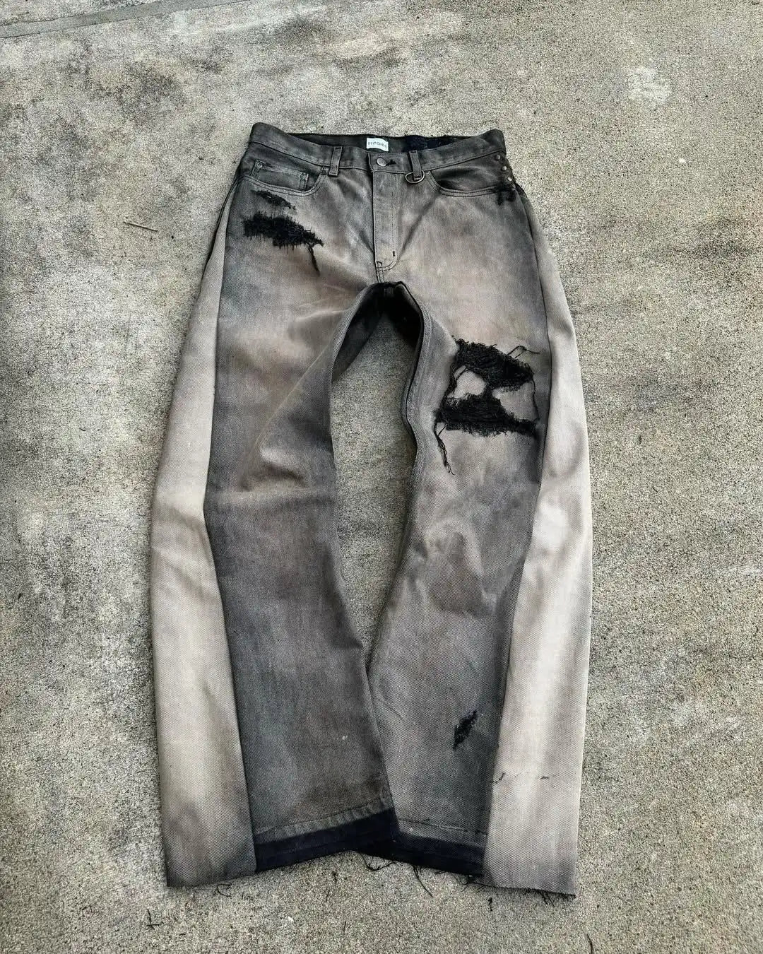 Distressed gray denim american hip hop mens jeans with waist frayed patchwork embroidery micro flared design