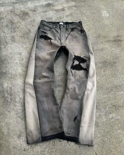 Distressed gray denim american hip hop mens jeans with waist frayed patchwork embroidery micro flared design