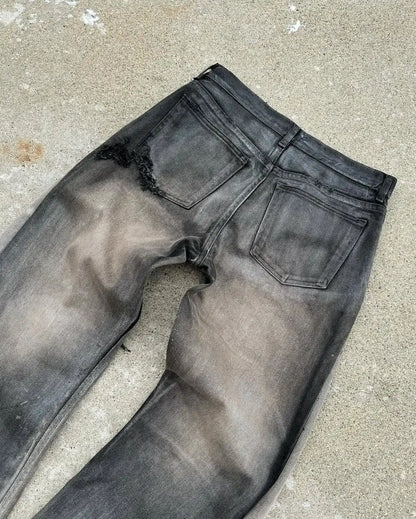 Dark gray distressed american hip hop mens jeans with waist frayed patchwork embroidery micro flared design
