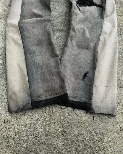 Worn gray american hip hop mens jeans with waist frayed patchwork and embroidery micro flared design